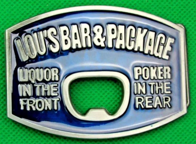 Belt Buckle "LOU'S BAR & PACKAGE" Blue, 4cm Wide Belt, Metal Casting Opener