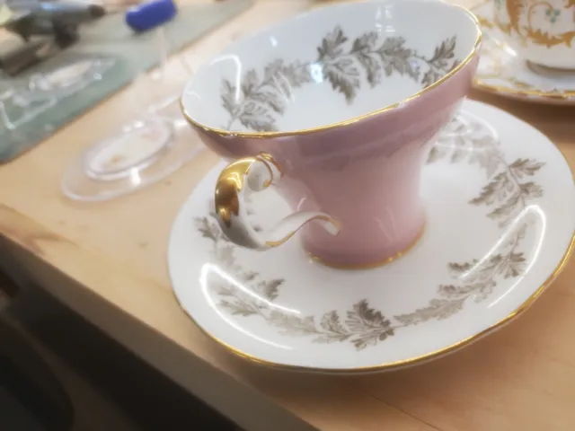 AYNSLEY Pink Corset CUP & SAUCER Platinum Leaves 1940s bone china 2