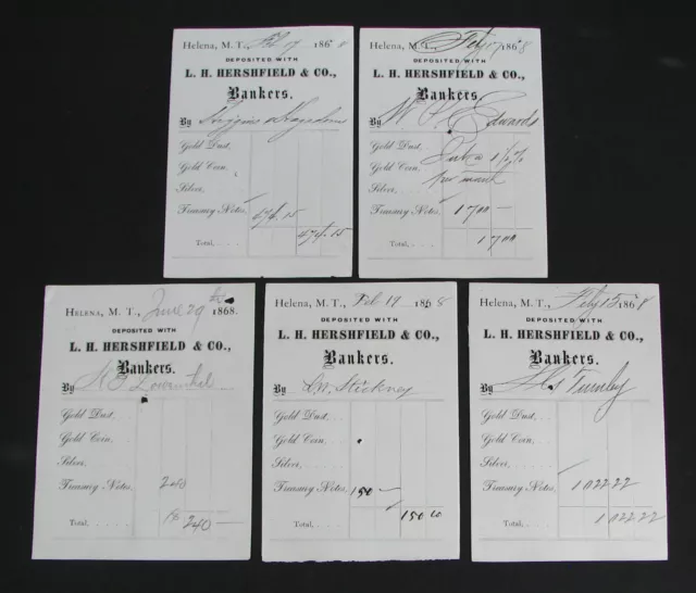 #49 - 5 neat 1868 HELENA, MONTANA TERRITORY Bank Deposit Slips GOLD DUST, SILVER