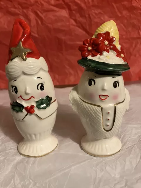 Anthropomorphic Xmas Man & Lady Eggcup. Salt & Pepper, Santa Lefton Vtg. Japan