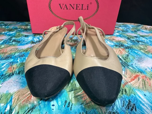 VanEli DELLE Roccia Asti/ Beige Leather Black Toe Slingback Heels - Sz. 10 M 2