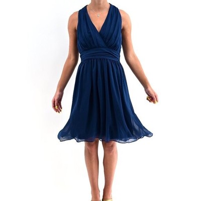 MODCLOTH Womens Navy Blue Chiffon Halter Dress Ruched Pleated Cocktail Sz Small