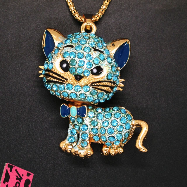Hot Betsey Johnson Animal Blue Rhinestone Cat Crystal Pendant Chain Necklace