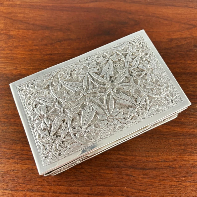 Pristine Southeast Asian Sterling Silver Cigarette Box High Relief Foliate Motif
