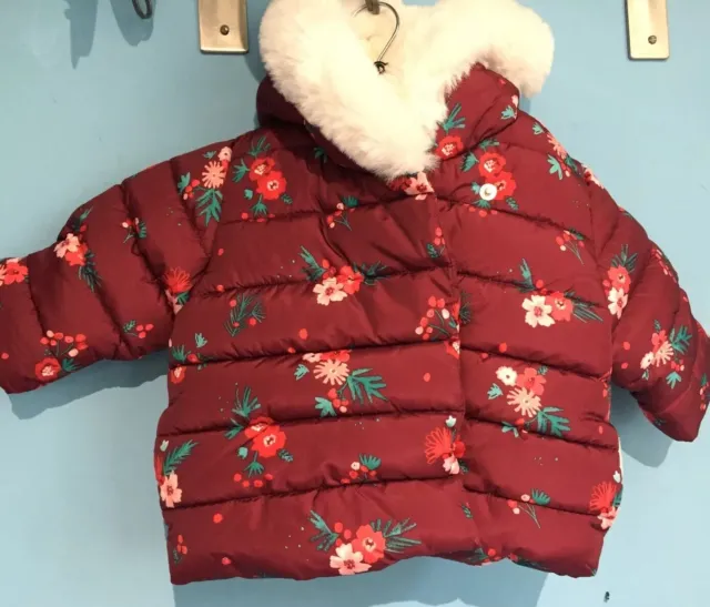 Bnwt Baby Girls Winter Coat, Jacket Fur Lined Burgundy, Hood,3-6 Months, Flowers