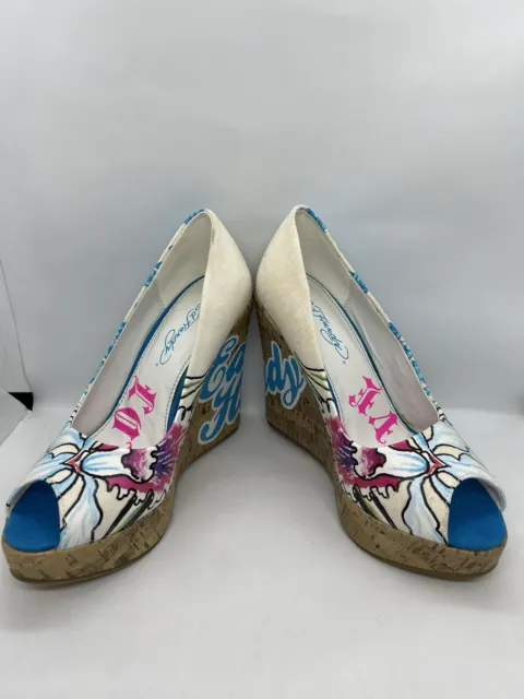 Ed Hardy Sz 6 blue Cork Wedge Platform High Heels Shoes Flowers Hibiscus