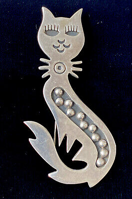 Large Vintage Signed Mexico Ts-152 Sterling Silver Mid Century Modernist Cat Pin