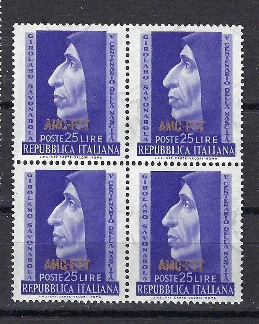 Trieste Italy 1952 Sc# 153 set Girolamo Savonarola 25L vio AMG FTT block 4 MNH