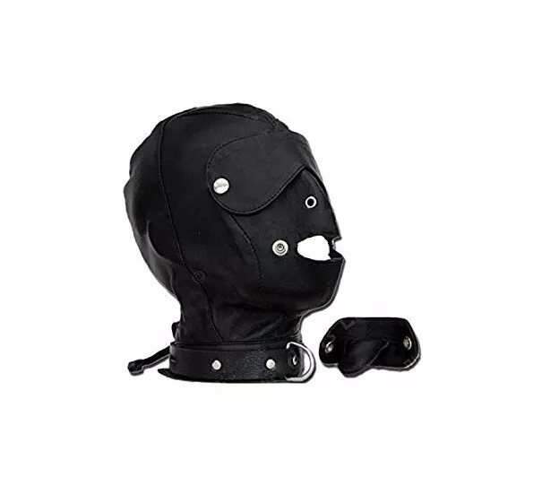 Genuine Black Sheep Leather Gimp Mask Hood with Blindfold And Gag Bondage