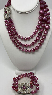 Art Deco Vtg Ruby Triple Strand Moonglow Lucite Rhinestone Necklace & Bracelet