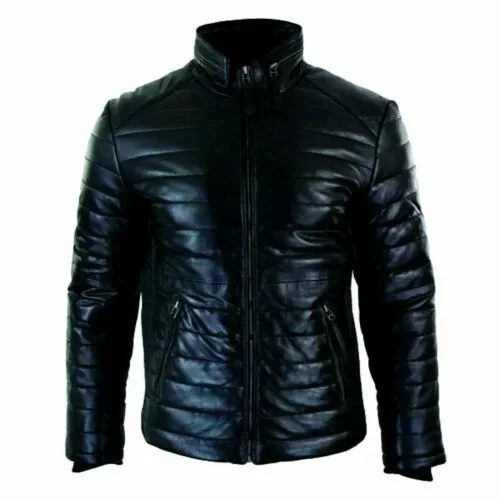 Men's 100% Real Lambskin Leather Jacket Quilted Puffer Zipped Casual Jacket 2021