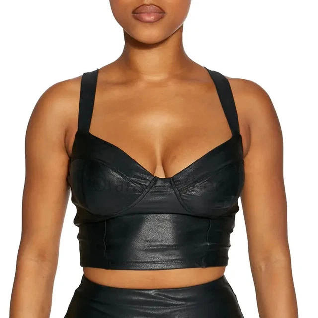 Moda Nero Profondo Collo Corto Donna Vera Pelle Natale Top