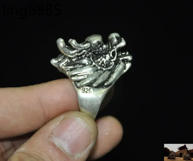 Chinese Tibetan silver carved Zodiac year loong dragon statue Ring Finger ring