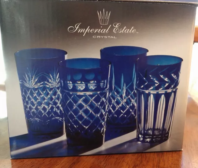 Imperial Estate Crystal Cobalt Blue Cut to Clear Tumbler Glasses 4 Pc New In Box