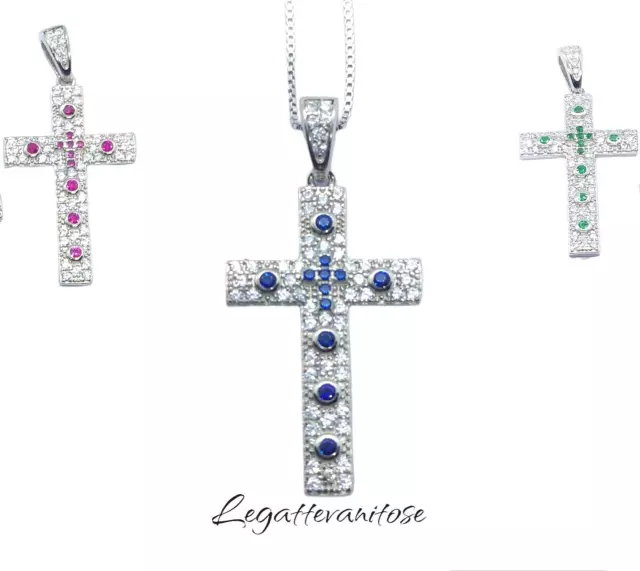 Ciondolo croce rosario in argento 925 con pavè di zirconi banchi e blu+ CATENINA