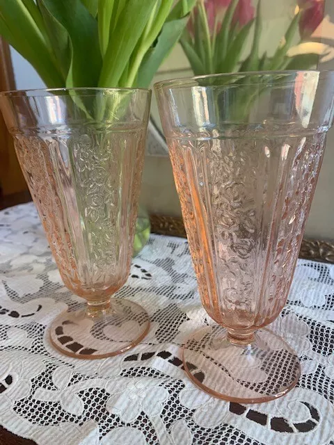 2 Depression SHARON Cabbage ROSE  PINK Federal Glass Footed ICED TEA Tumbler LOT