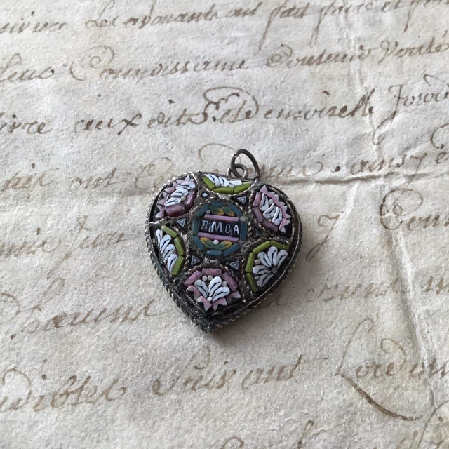 Pendentif Ancien XIXe Micro-mosaïque + Chaîne 44cm - Argent Massif