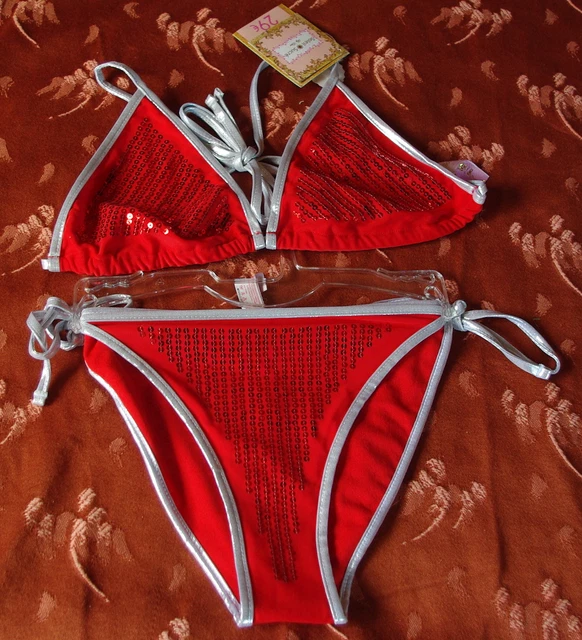 SOLEIL SUCRE maillot de bain 2 pieces rouge et argent avec sequins T S neuf EUR 12 90 PicClick FR