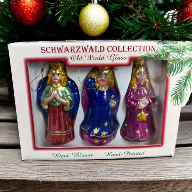 Vintage 1998 SCHWARZWALD 3 Angels Hand Blown Painted Glass Christmas Ornaments