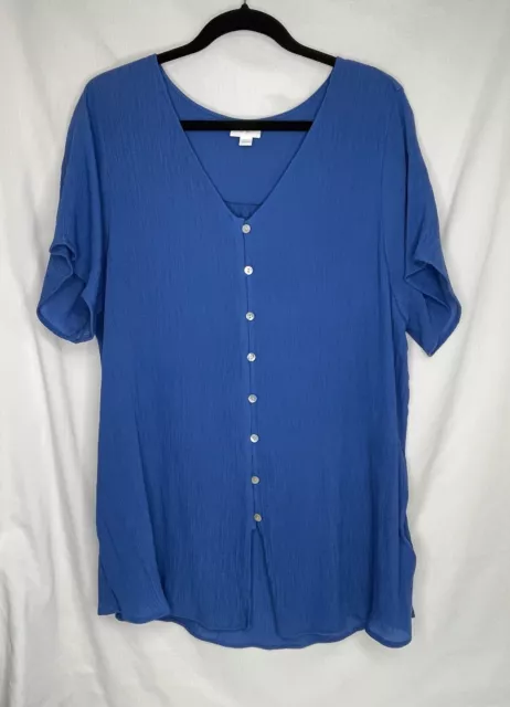 2XL LuLaRoe Women's Shannah V-Neck Button Down Short Sleeve Shirt Blue Plus Size