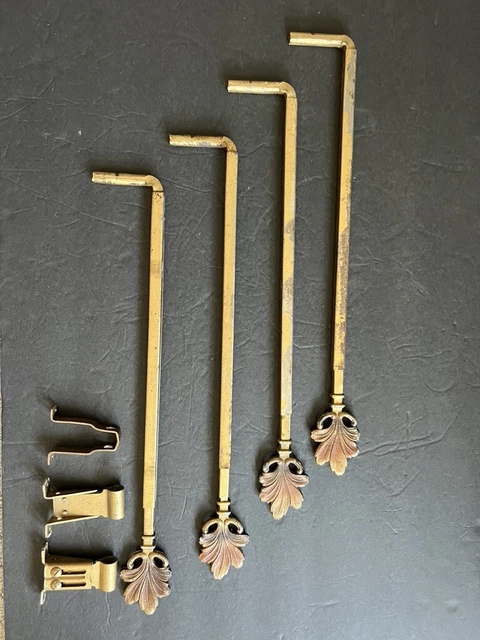Set of 4 Antique Curtain Drape Rods Gold Victorian Ornate Cast Metal Swing Arm 3