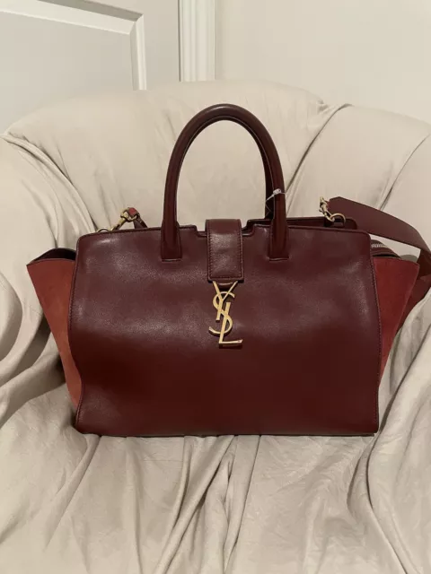 Saint Laurent Monogram Cabas Downtown Leather with Suede Maroon Red