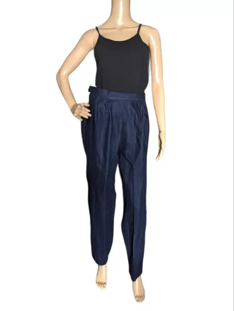 Vintage 80s High Waist Wool Pants Trousers Navy Blue & Green Pinstripe
