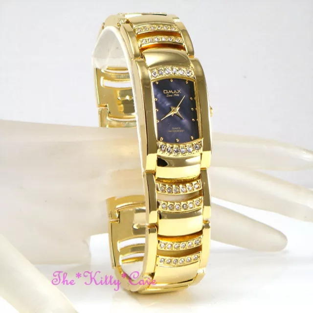 OMAX Seiko Movimiento Azul Aurora Arco Iris + Oro Swarovski Cristal Reloj JES610