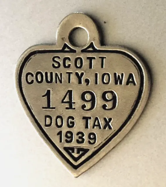 Vintage 1939 Dog License Tax Brass Tag: SCOTT CO., IOWA ; Heart Shaped 🐶 Tag