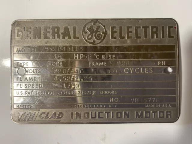 Vintage GE General Electric Induction Motor Specs Plate Emblem Sign Metal