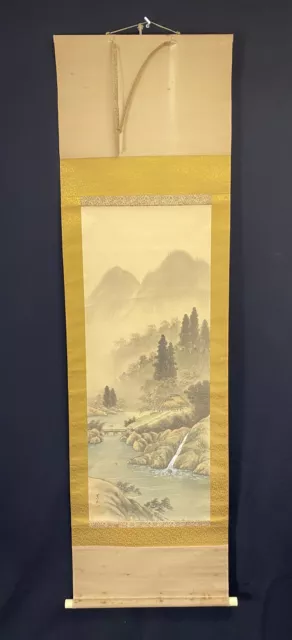 Japanese Hanging Scroll of Mountain River Landscape with Waterfall and Hut