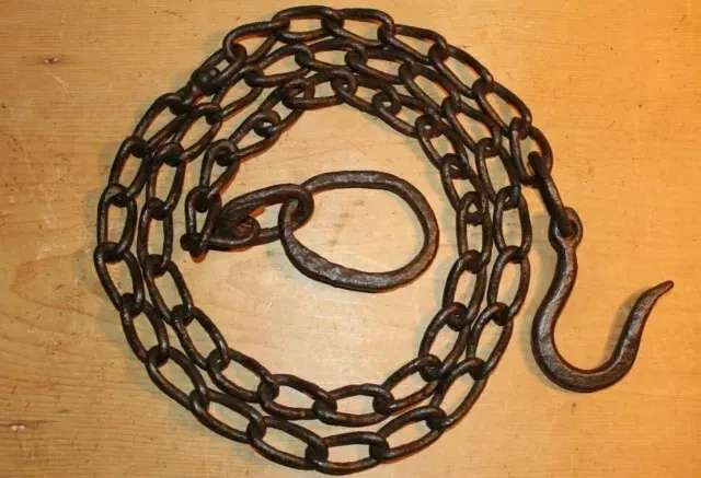 Antique Wrought Iron Hook on Length of Chain Beam Iron Ring 82 inches 2