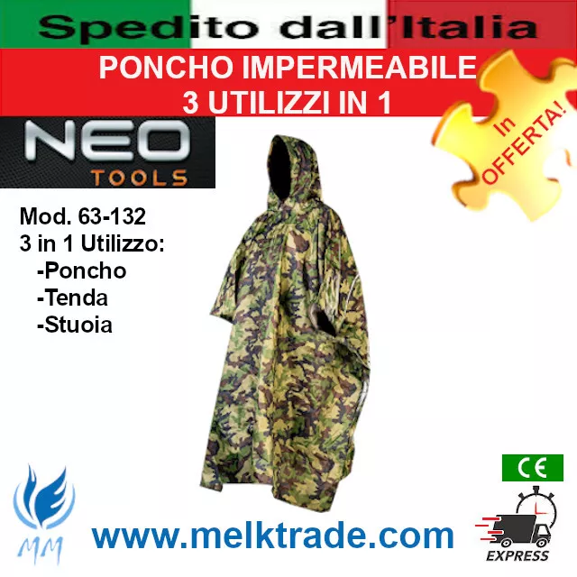 PONCHO IMPERMEABILE 3 IN 1 - PONCHO TENDA STUOIA - Linea Lavoro NEO TOOLS!