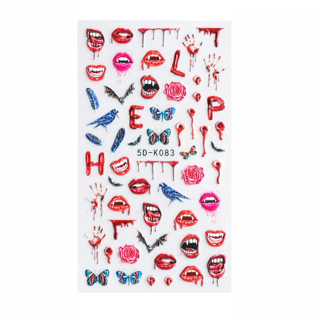 Adesivo unghie Halloween immagini cartone animato colla non secca 5d cicatrice rosso sangue Halloween