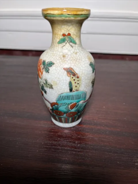 Vtg Antique Chinese Crackle Vase 6" ~ 1900 Hand Painted Rooster Design Signed