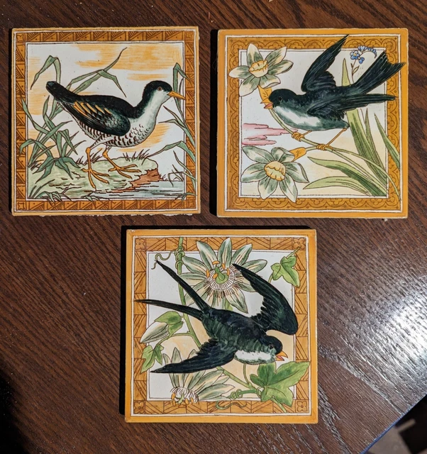 Set of 3 Antique Hand-Painted Tiles: Minton Hollins Birds in Extraordinary Color