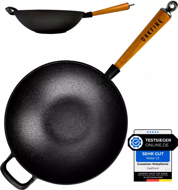 Oakfire Wokpfanne Gusseisen Induktion 31cm Groß Grill Wok Pfanne Holzgriff Cast