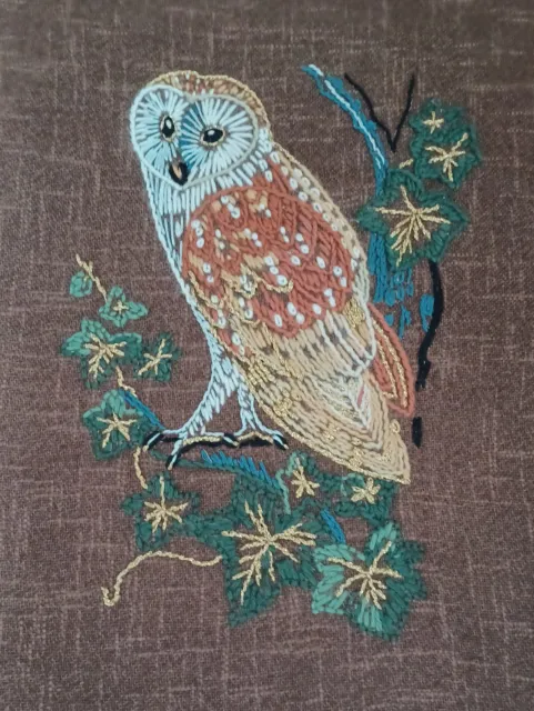 Beautiful Vintage CREWEL EMBROIDERY OWL Panel