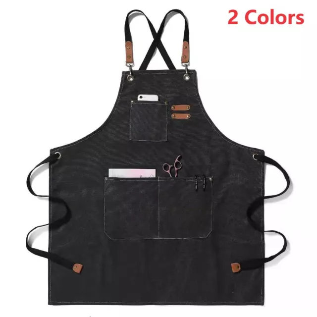 HEAVY DUTY Canvas Kitchen Chef Cooking Apron Cross-Back Adjustable Bib 3 Pockets