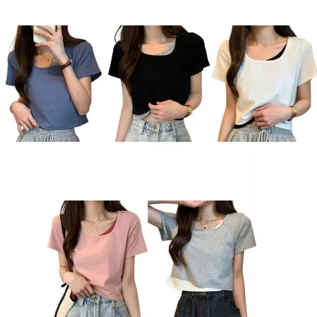 Women Irregular Imitation 2Pcs Crop Top Short Sleeve Contrast Color Shirt