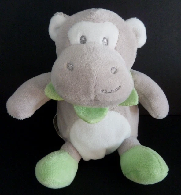 DC1. DOUDOU PELUCHE CMP SINGE gris blanc col vert 15cm assis - ETAT NEUF *