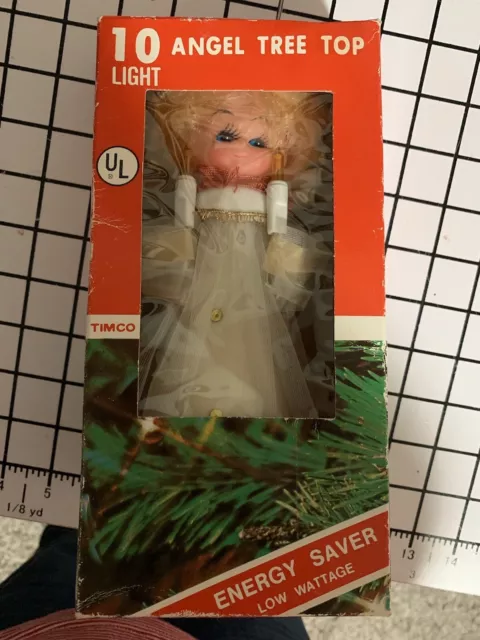 Angel Tree Topper Vintage Lighted Christmas Plastic Doll Head Fabric Wings  Box