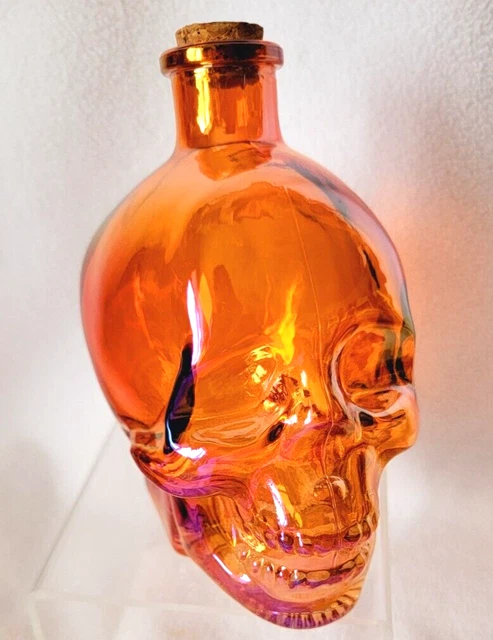 Iridescent Flame Orange Glass Halloween Skull Bottle with Cork Lid, Decanter NEW Iridescent Flame Orange Glass Halloween Skull Bottle with Cork Lid, Decanter NEW