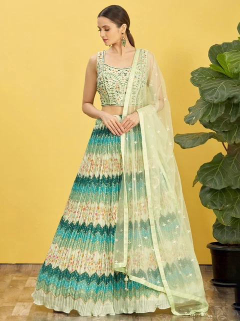Pista Green Embroidered Work Lehenga Choli Lengha Wedding Wear Dress Sari Saree