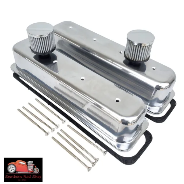 Small Block Chevy Tall Smooth Polished Aluminum CENTER BOLT Valve Covers 350