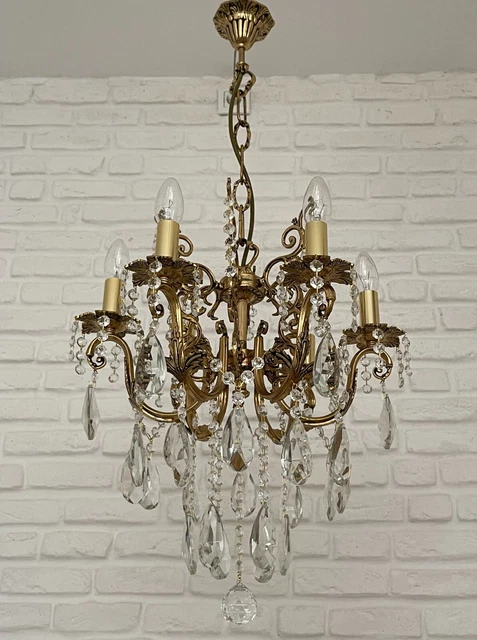 Antik Vintage 6 Arme Messing & Kristalle Kronleuchter Deckenlampe Licht