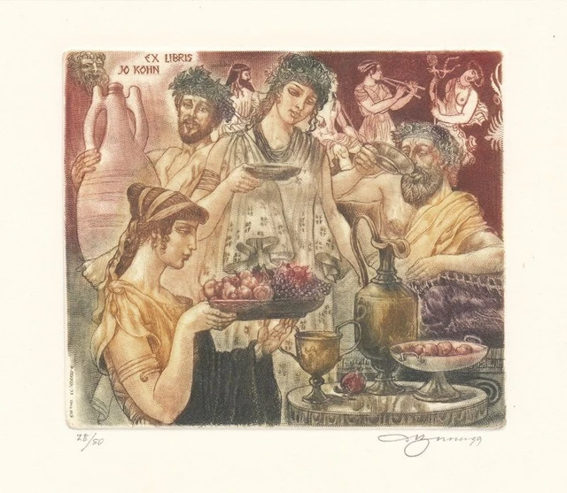 Exlibris Bookplate Radierung David Bekker Bacchantisches Gelage Akt