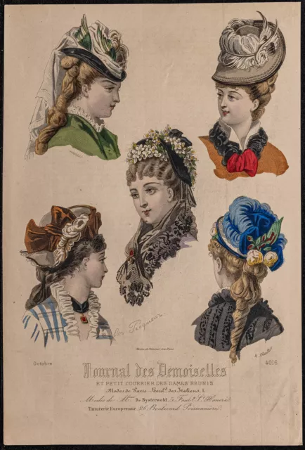 1875 - Gravure de mode - Journal des demoiselles - 4016 - Chapeaux et coiffures