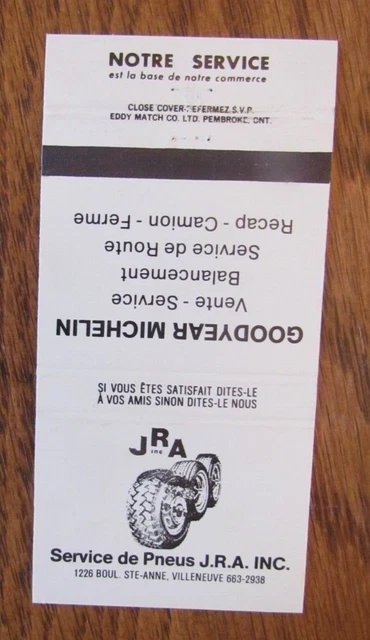 Goodyear Michelin Tires Matchbook Cover: Villeneuve, Quebec Empty Matchcover -D2