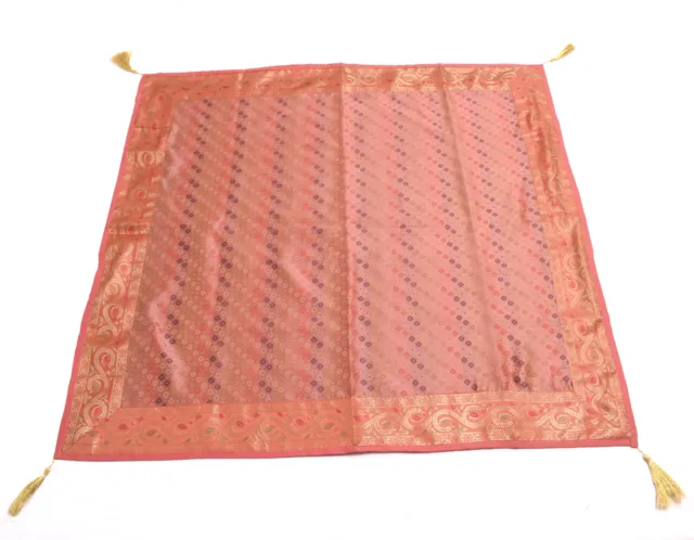 Peach Indian Banarasi Silk Brocade Paisley Table Cover Top Dining Decor Cloth